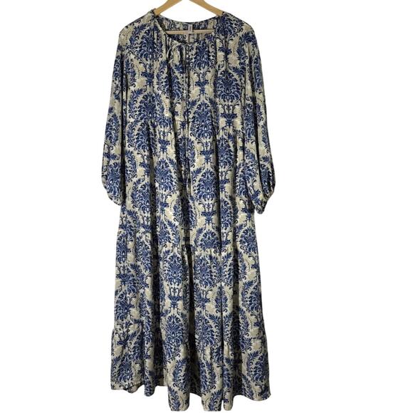 Dokotoo Medium Damask Beige Blue Maxi Dress Tiered NWT Balloon Peasant Boho - Picture 1 of 9